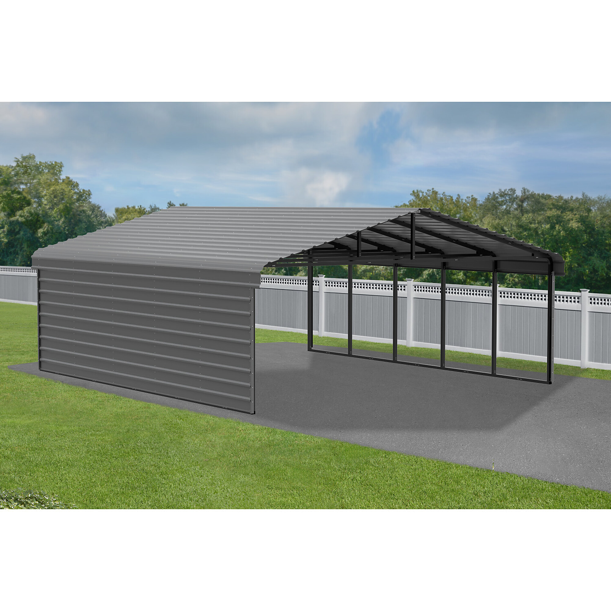 Arrow, Steel Carport w/ 1 Side Wall Kit 20x24x9 Width 243 in, Height 142.75 in, Cover Material Steel, Model# CPHC202409ECL1